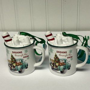2 Pioneer Woman Christmas Hot Cocoa White Mug Tree Ornament Holiday Truck Henry
